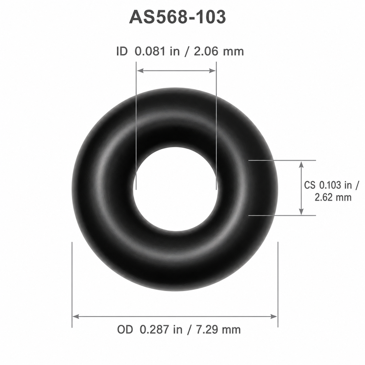 AS568-103 O-Ring dimensions: ID 0.081 in, CS 0.103 in, OD 0.287 in