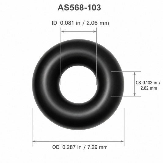 AS568-103 O-Ring dimensions: ID 0.081 in, CS 0.103 in, OD 0.287 in