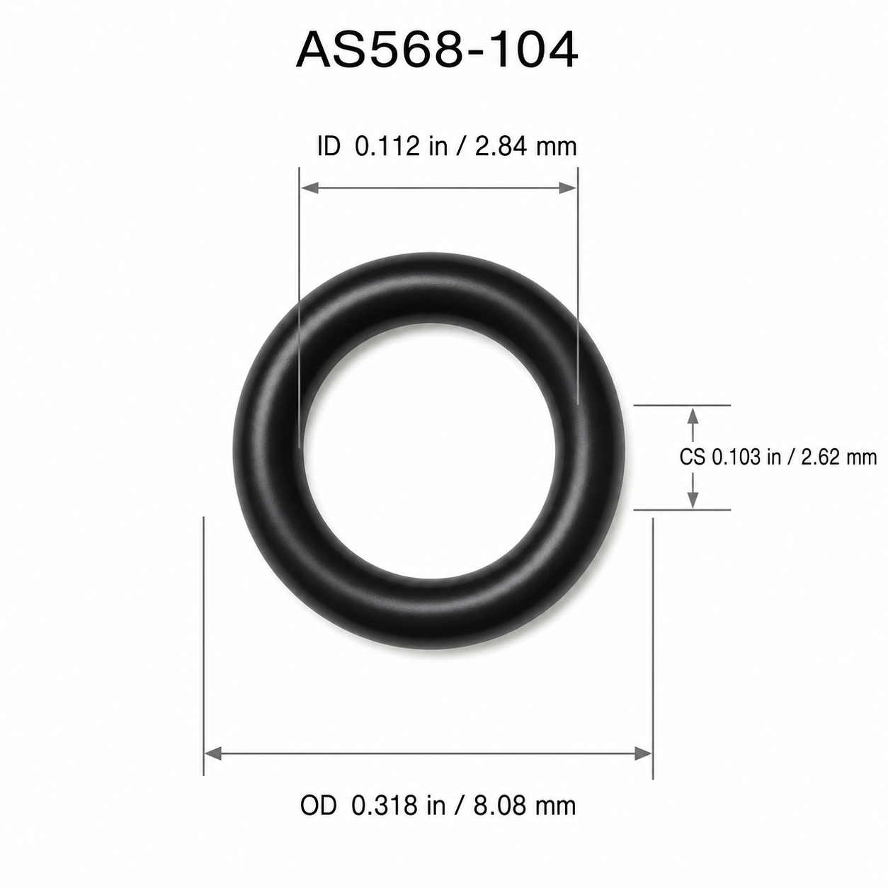 AS568-104 O-Ring dimensions: ID 0.112 in, CS 0.103 in, OD 0.318 in