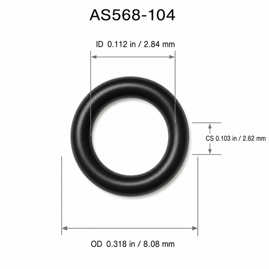 AS568-104 O-Ring dimensions: ID 0.112 in, CS 0.103 in, OD 0.318 in