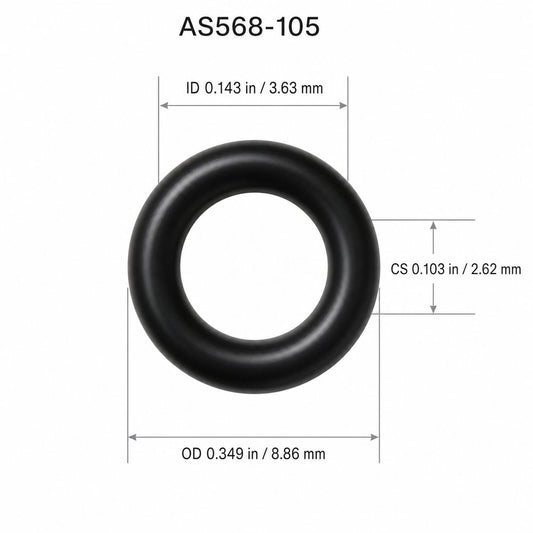 AS568-105 smooth black O-ring with ID, OD and cross-section dimensions
