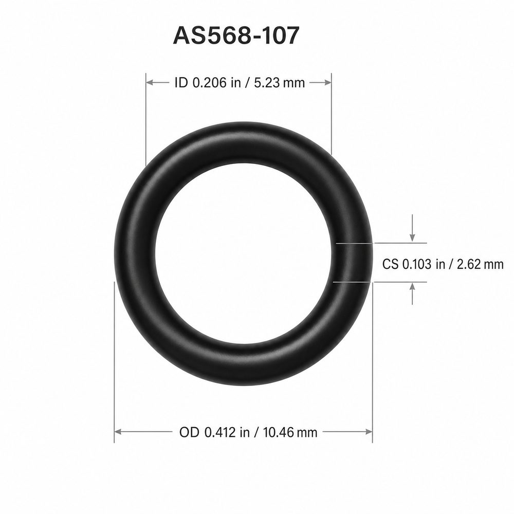 AS568-107 smooth black O-ring with ID, OD and cross-section dimensions