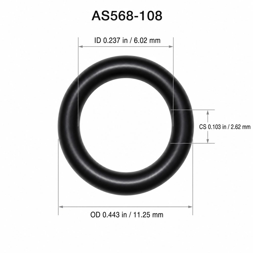 AS568-108 smooth black O-ring with ID, OD and cross-section dimensions