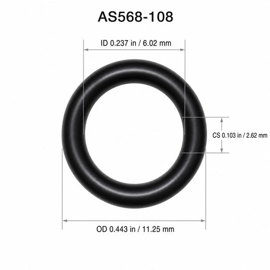 AS568-108 smooth black O-ring with ID, OD and cross-section dimensions