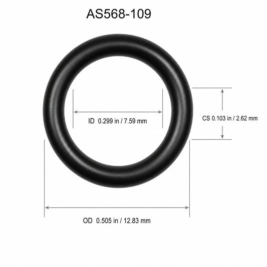 AS568-109 smooth black O-ring with ID, OD and cross-section dimensions