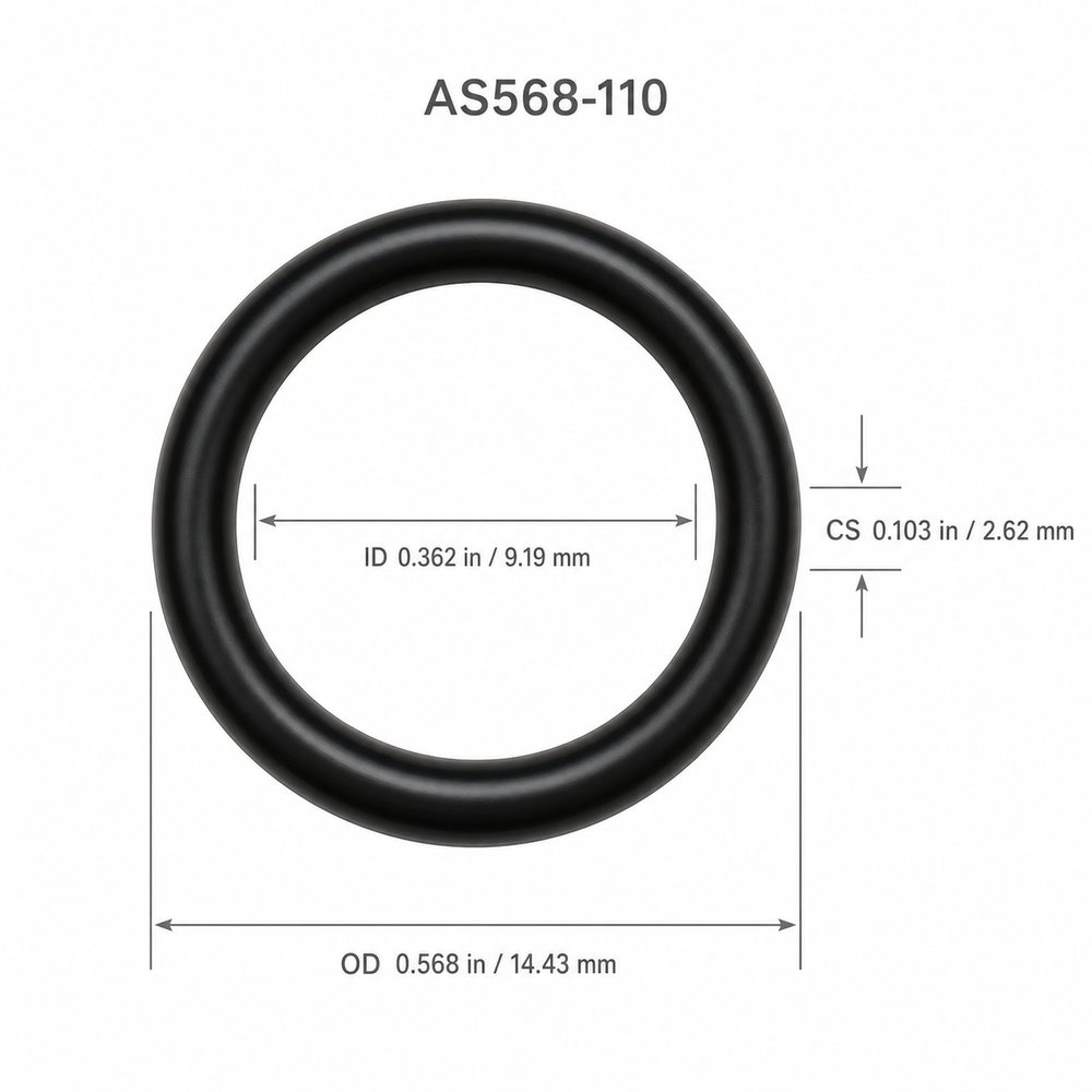 AS568-110 smooth black O-ring with ID, OD and cross-section dimensions