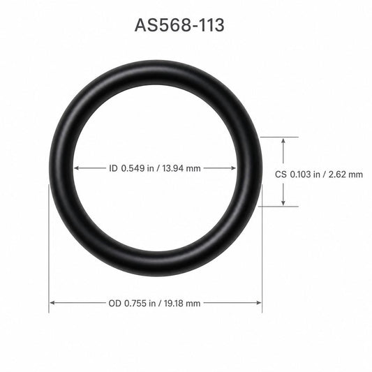 AS568-113 smooth black O-ring with ID, OD and cross-section dimensions