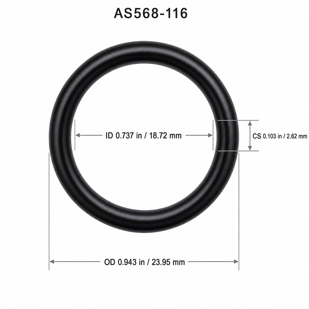 AS568-116 O-Ring dimensions: ID 0.737 in, CS 0.103 in, OD 0.943 in
