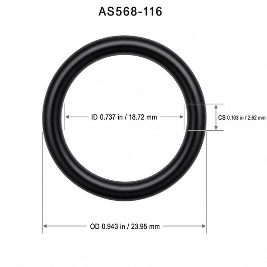 AS568-116 O-Ring dimensions: ID 0.737 in, CS 0.103 in, OD 0.943 in