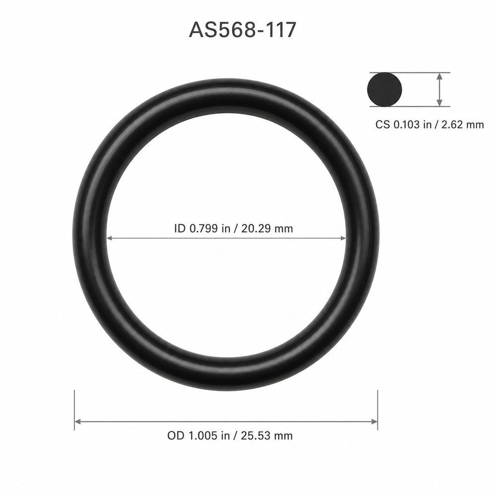 AS568-117 smooth black O-ring with ID, OD and cross-section dimensions