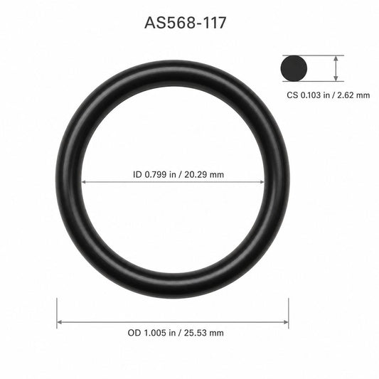 AS568-117 smooth black O-ring with ID, OD and cross-section dimensions