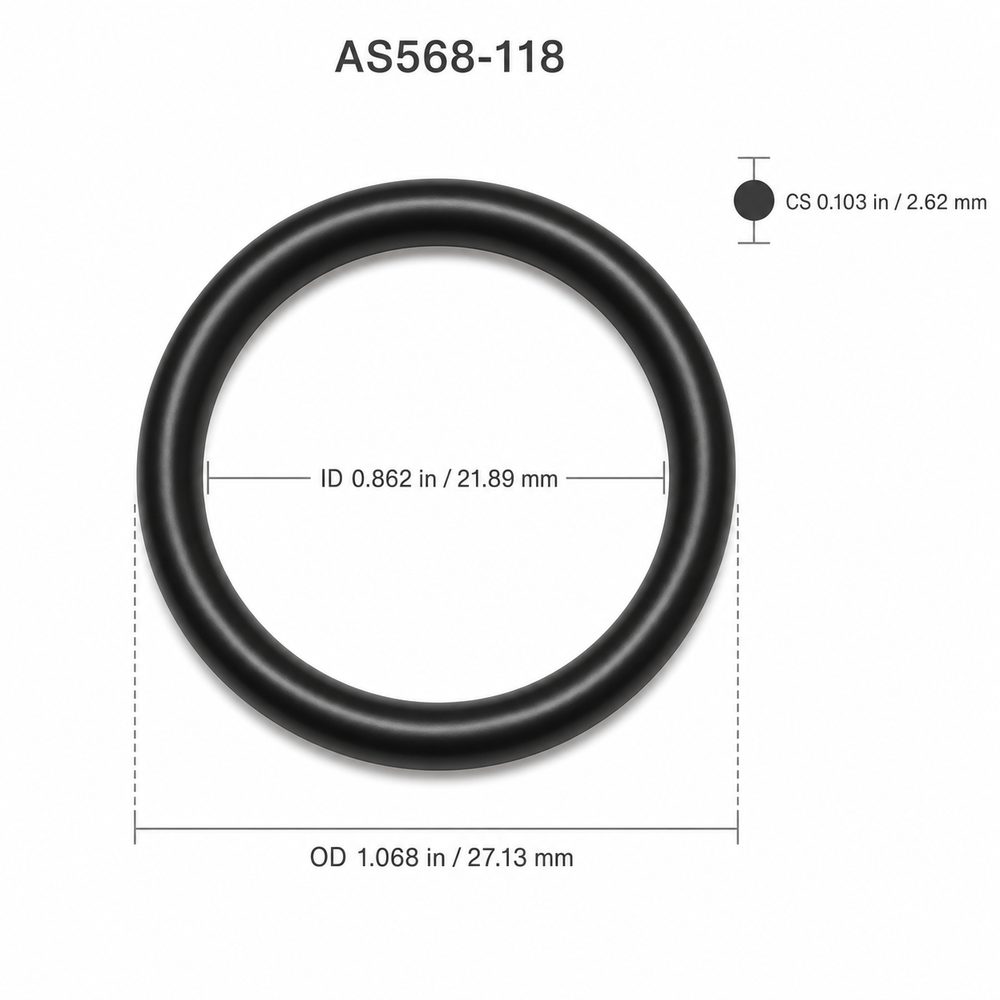 AS568-118 smooth black O-ring with ID, OD and cross-section dimensions