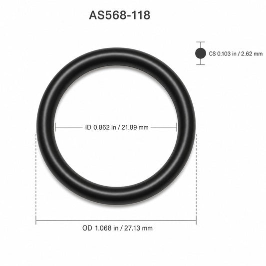 AS568-118 smooth black O-ring with ID, OD and cross-section dimensions