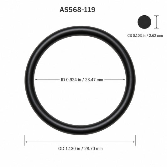AS568-119 smooth black O-ring with ID, OD and cross-section dimensions