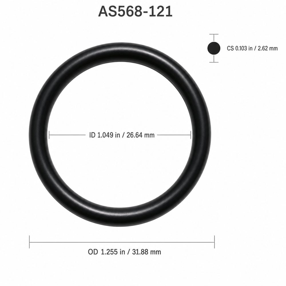AS568-121 smooth black O-ring with ID, OD and cross-section dimensions