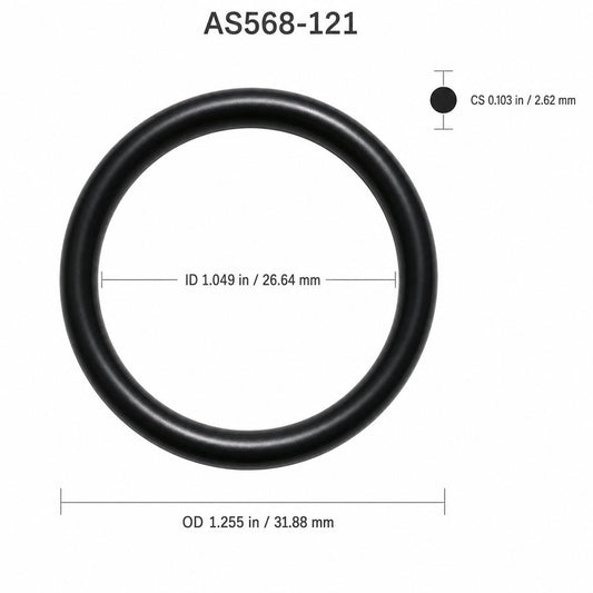 AS568-121 smooth black O-ring with ID, OD and cross-section dimensions