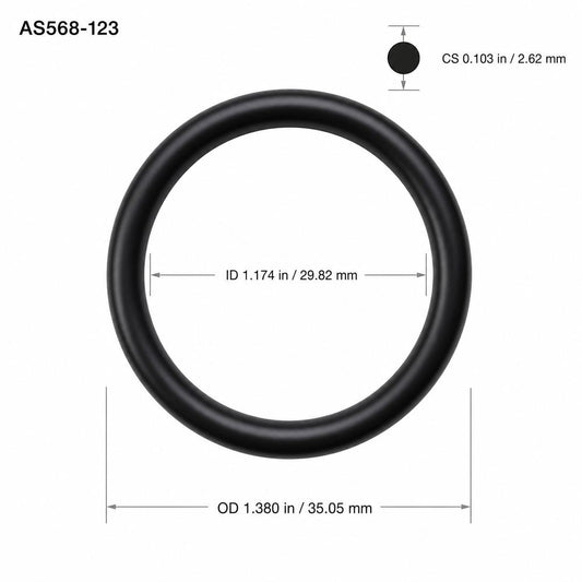 AS568-123 smooth black O-ring with ID, OD and cross-section dimensions