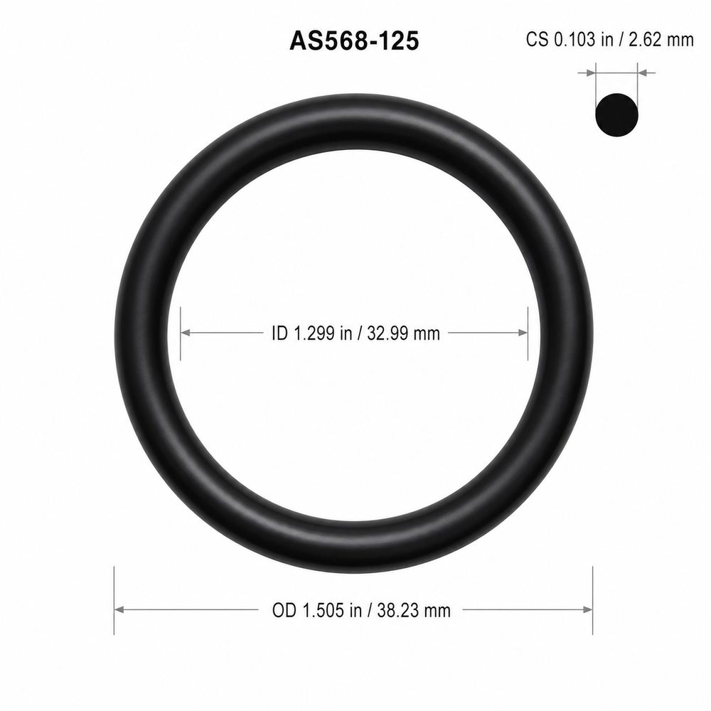AS568-125 smooth black O-ring with ID, OD and cross-section dimensions