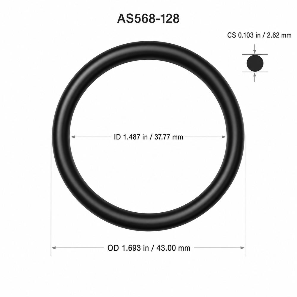AS568-128 smooth black O-ring with ID, OD and cross-section dimensions