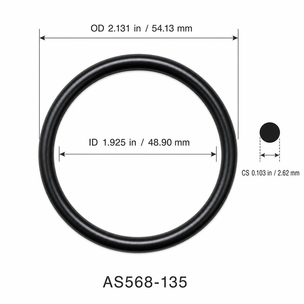 AS568-135 smooth black O-ring with ID, OD and cross-section dimensions
