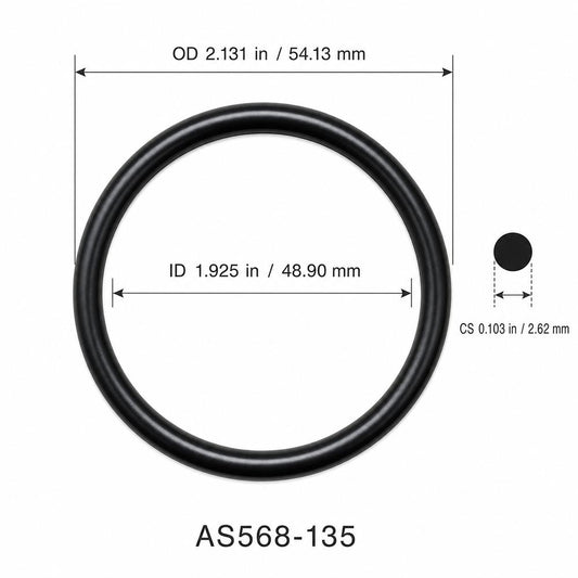 AS568-135 smooth black O-ring with ID, OD and cross-section dimensions