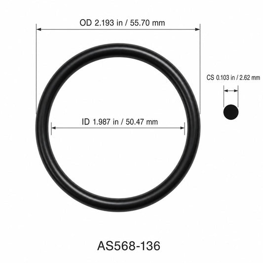 AS568-136 smooth black O-ring with ID, OD and cross-section dimensions