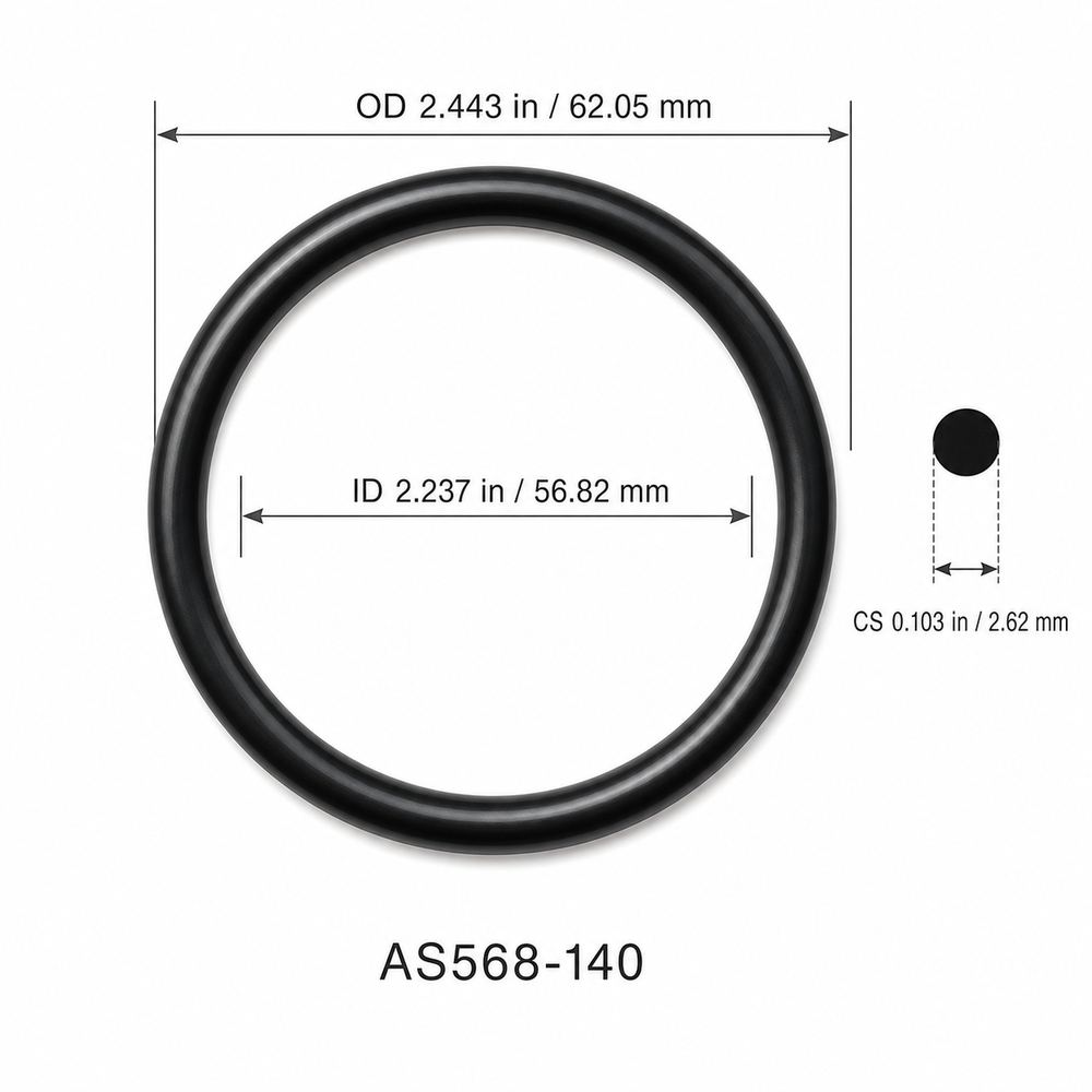 AS568-140 smooth black O-ring with ID, OD and cross-section dimensions