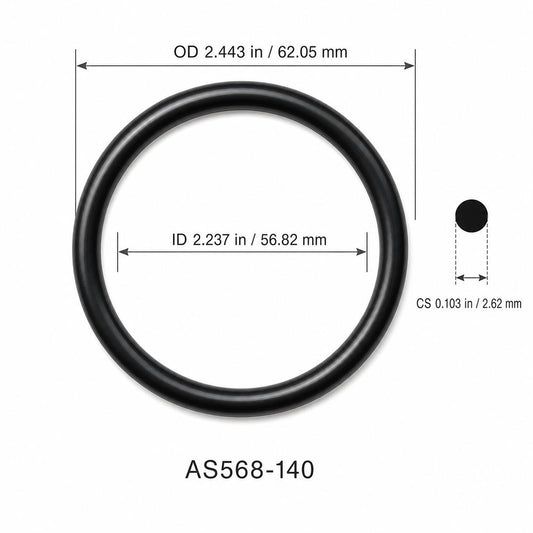 AS568-140 smooth black O-ring with ID, OD and cross-section dimensions