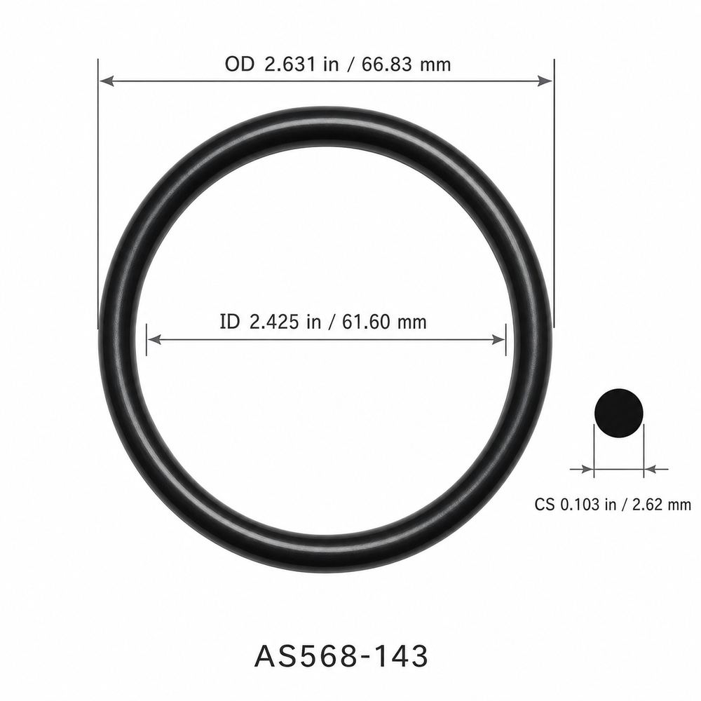 AS568-143 smooth black O-ring with ID, OD and cross-section dimensions