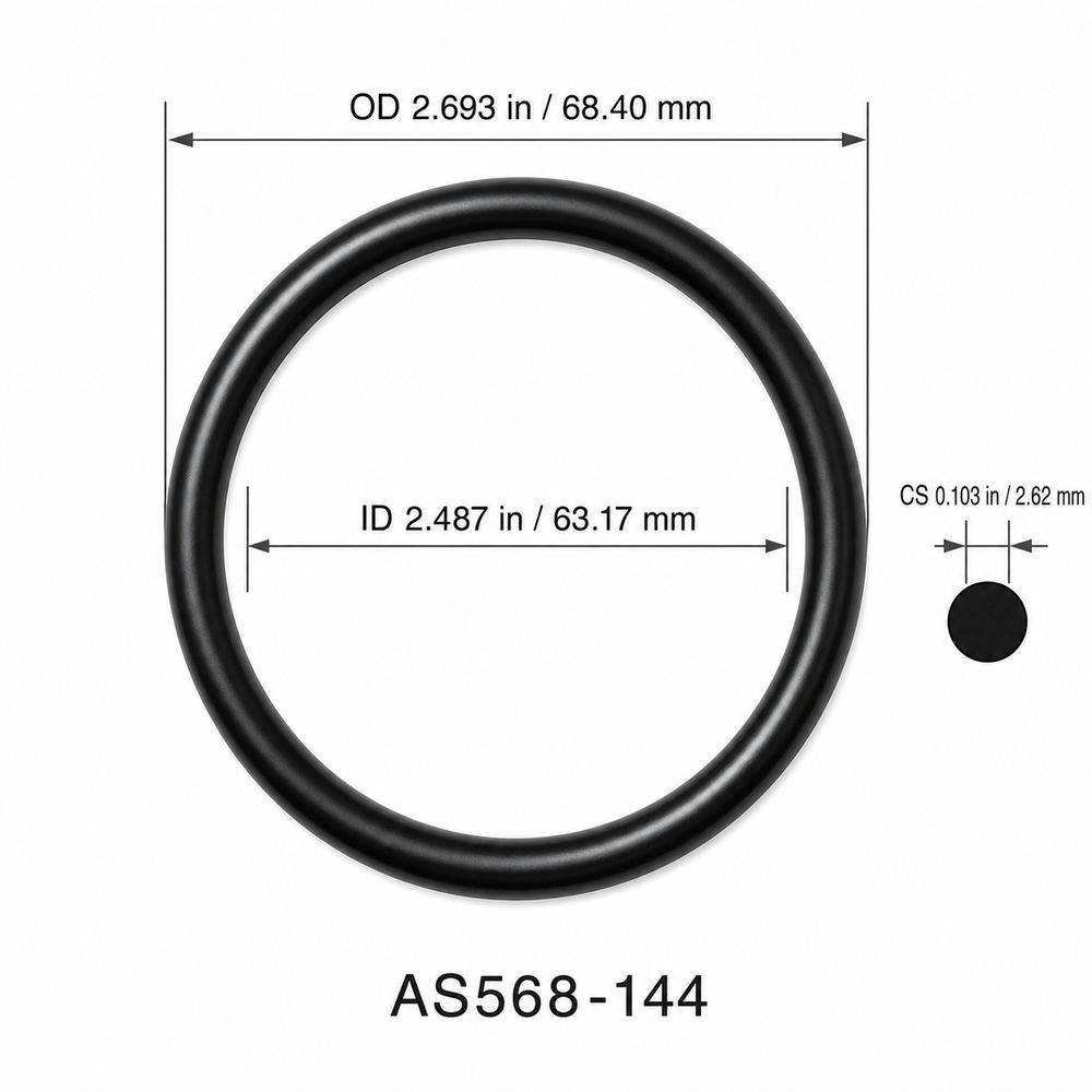 AS568-144 smooth black O-ring with ID, OD and cross-section dimensions