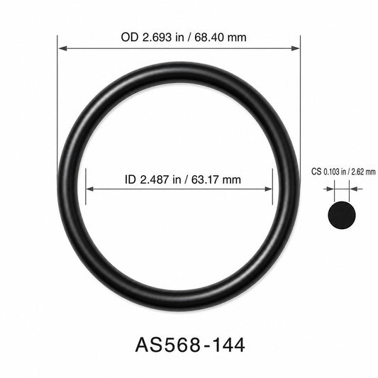 AS568-144 smooth black O-ring with ID, OD and cross-section dimensions