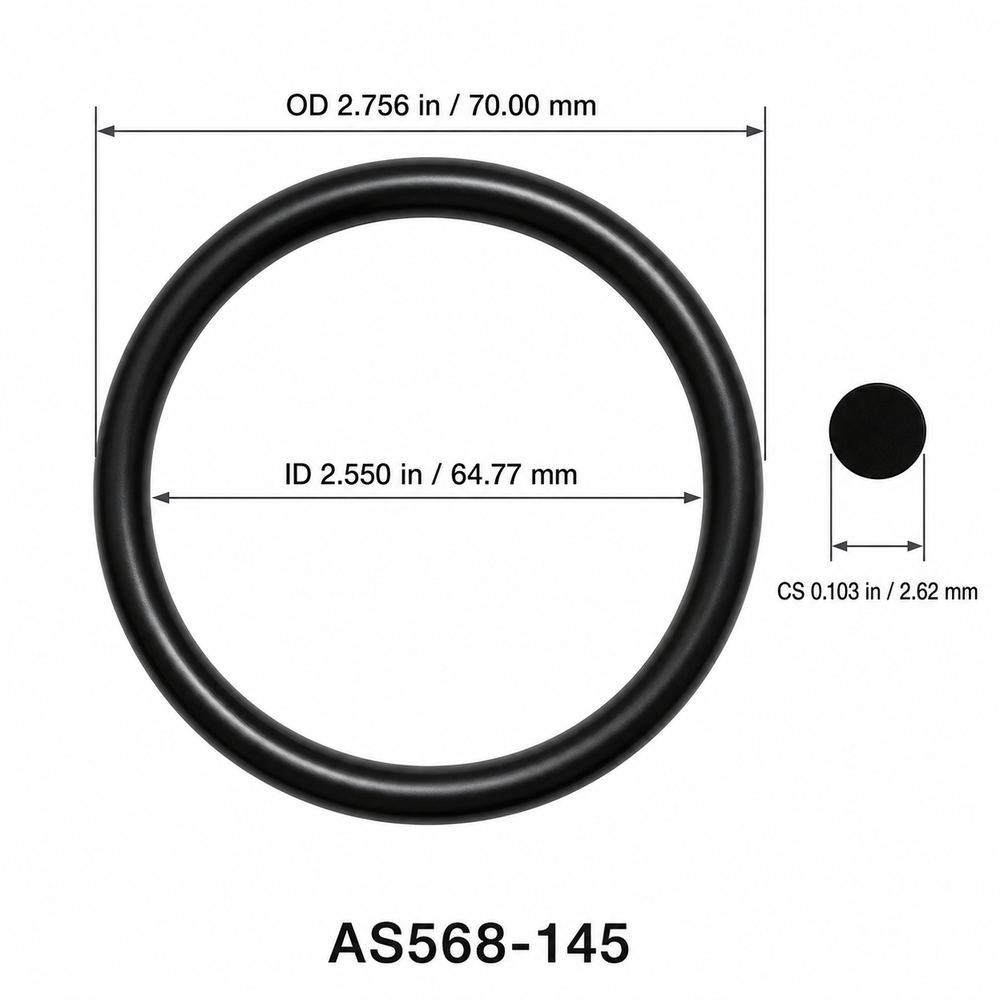 AS568-145 smooth black O-ring with ID, OD and cross-section dimensions