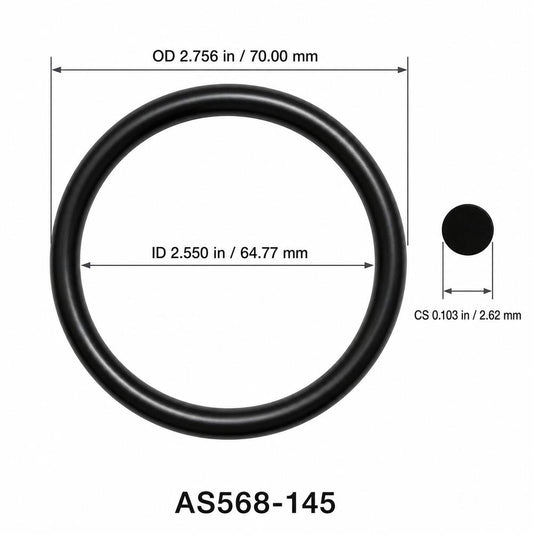 AS568-145 smooth black O-ring with ID, OD and cross-section dimensions