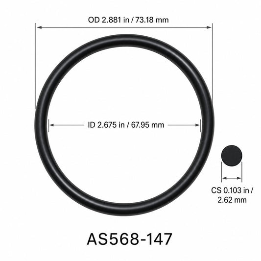 AS568-147 smooth black O-ring with ID, OD and cross-section dimensions