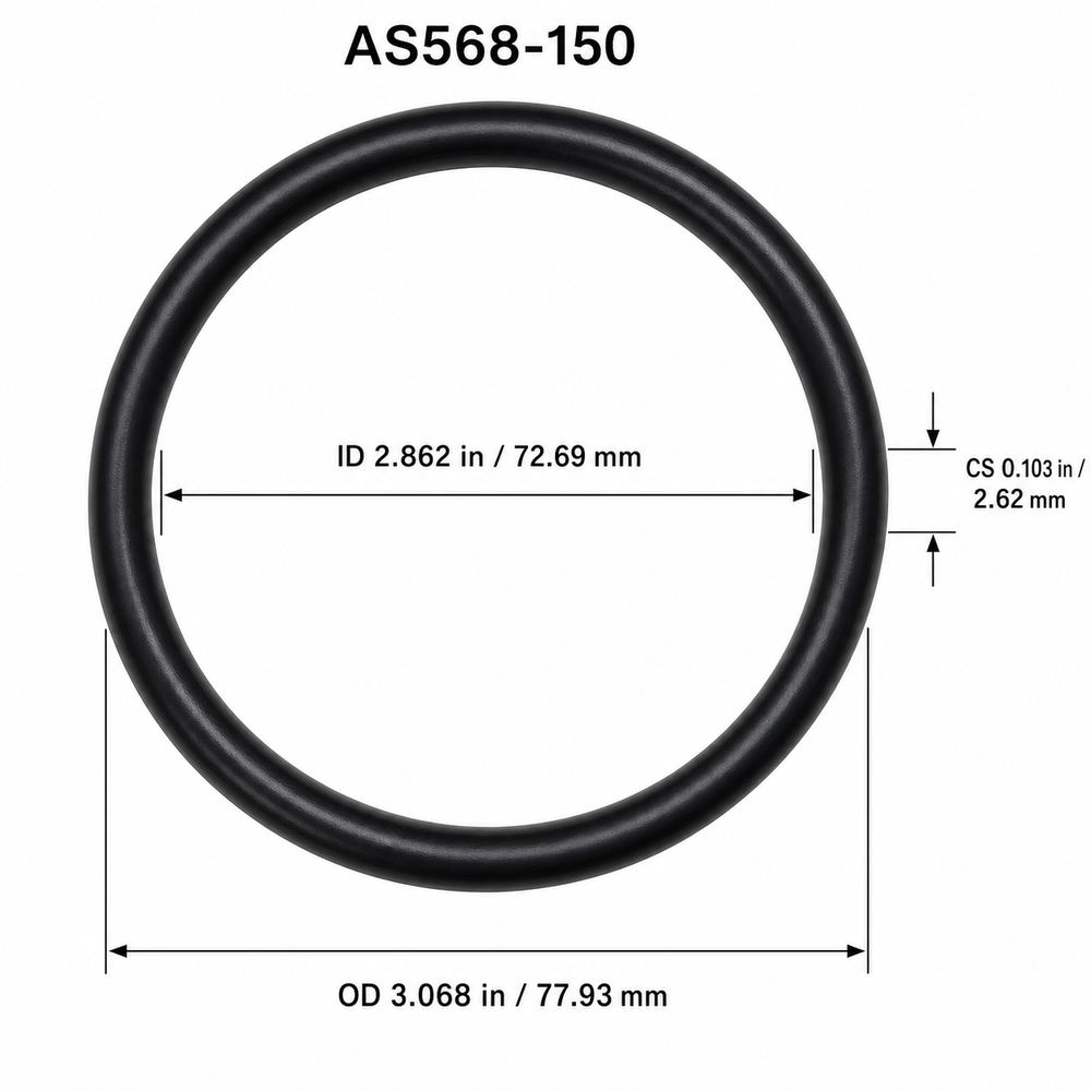 AS568-150 smooth black O-ring with ID, OD and cross-section dimensions