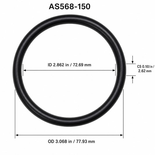 AS568-150 smooth black O-ring with ID, OD and cross-section dimensions