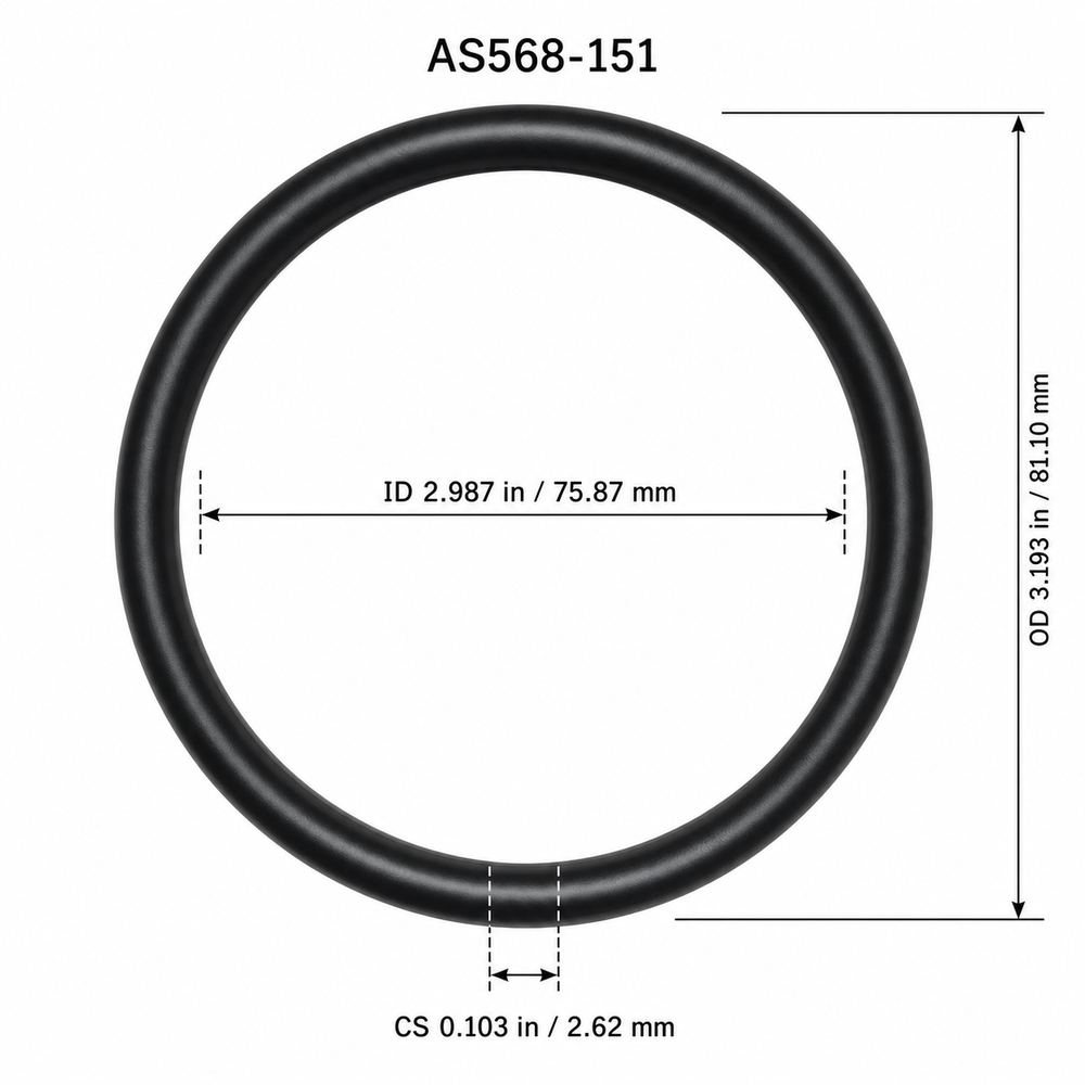 AS568-151 smooth black O-ring with ID, OD and cross-section dimensions