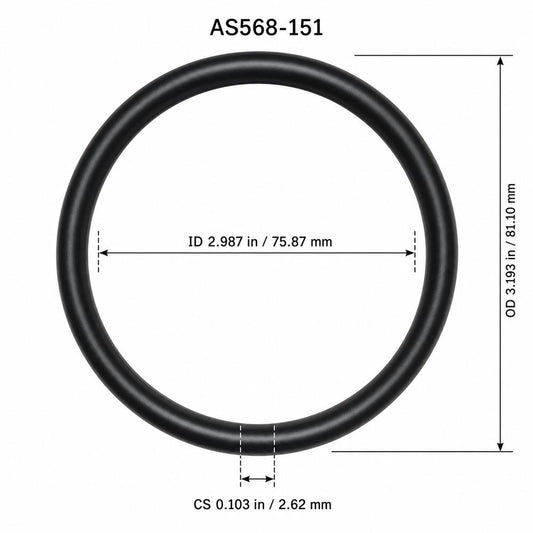 AS568-151 smooth black O-ring with ID, OD and cross-section dimensions