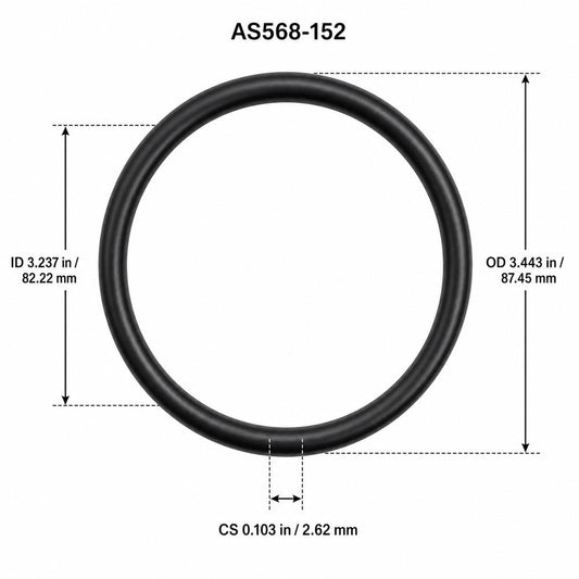 AS568-152 smooth black O-ring with ID, OD and cross-section dimensions