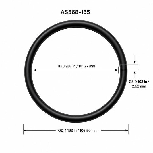 AS568-155 smooth black O-ring with ID, OD and cross-section dimensions
