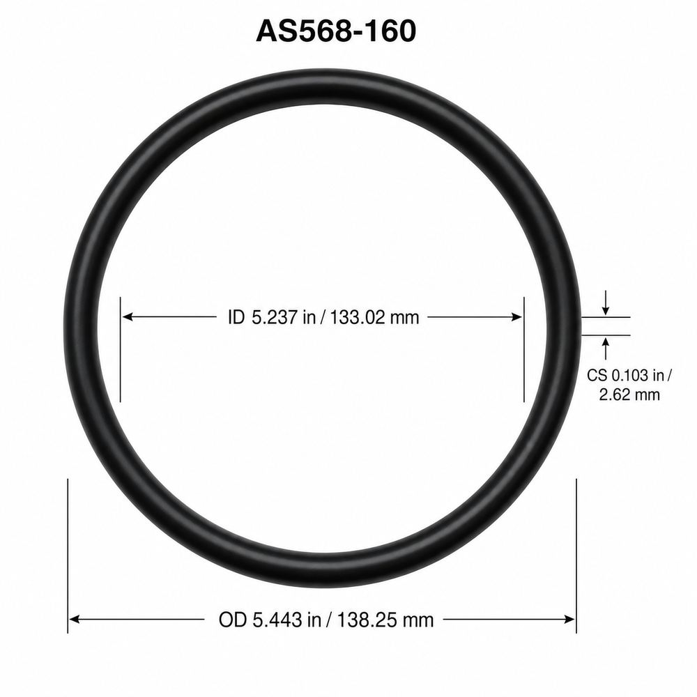 AS568-160 smooth black O-ring with ID, OD and cross-section dimensions