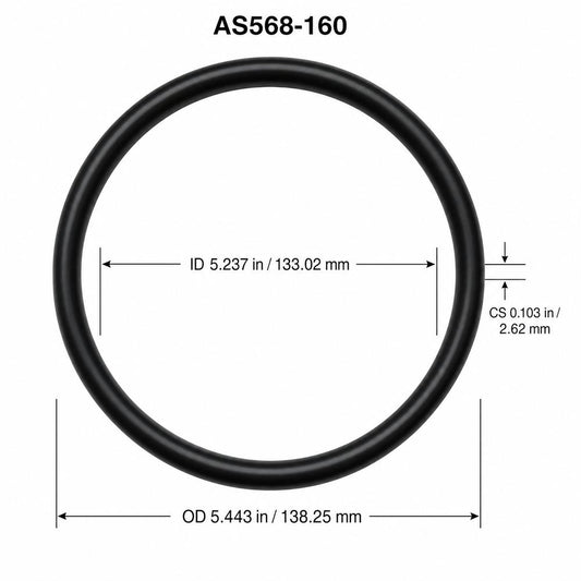 AS568-160 smooth black O-ring with ID, OD and cross-section dimensions