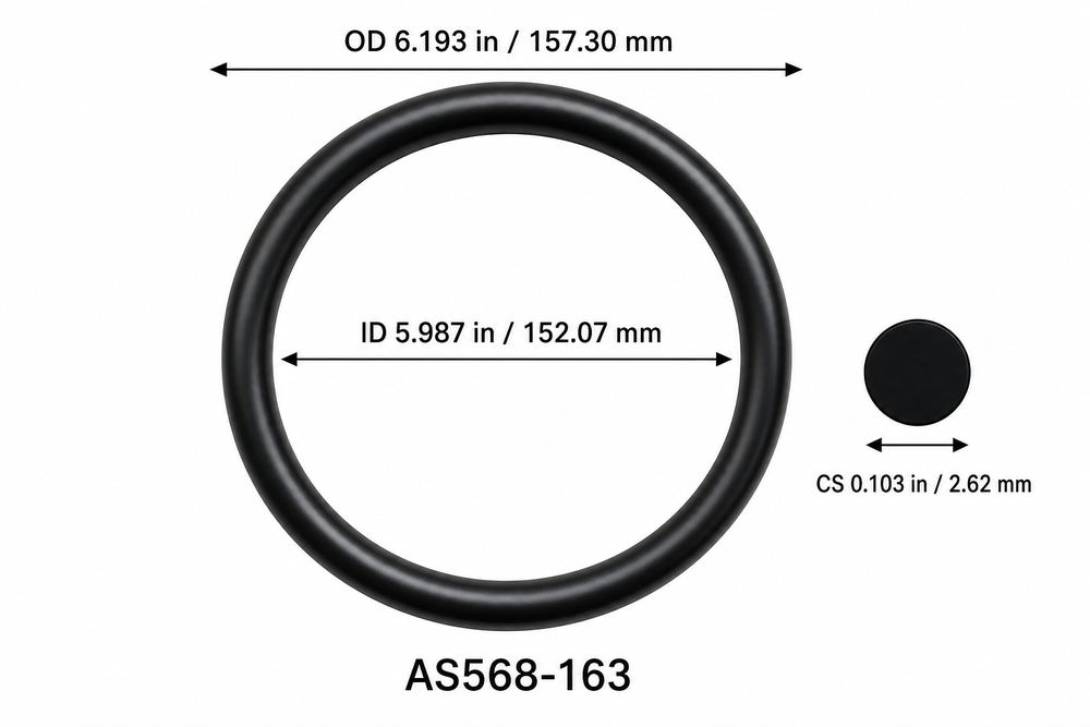 AS568-163 smooth black O-ring with ID, OD and separate cross-section dimensions