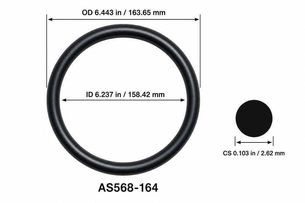 AS568-164 smooth black O-ring with ID, OD and separate cross-section dimensions