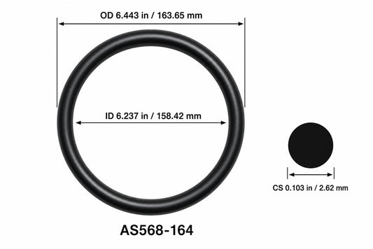 AS568-164 smooth black O-ring with ID, OD and separate cross-section dimensions