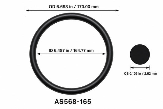 AS568-165 smooth black O-ring with ID, OD and separate cross-section dimensions