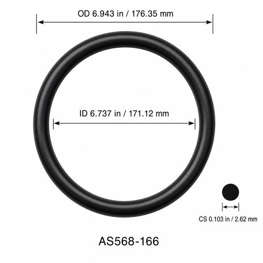 AS568-166 smooth black O-ring with ID, OD and separate cross-section dimensions