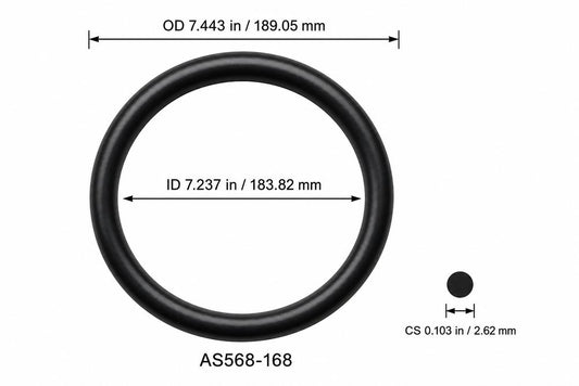 AS568-168 smooth black O-ring with ID, OD and separate cross-section dimensions