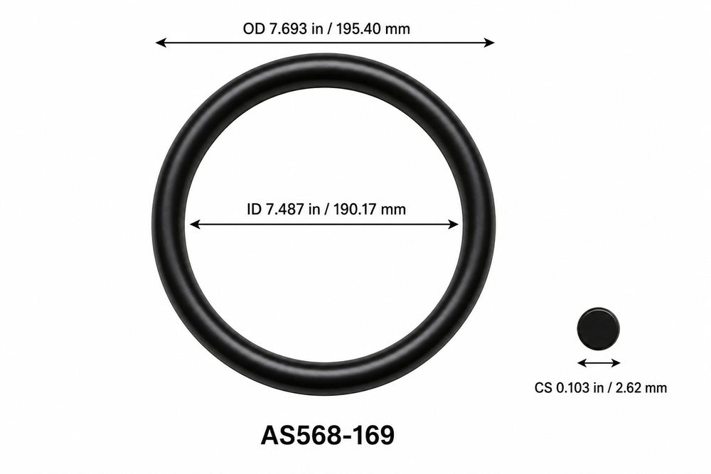 AS568-169 smooth black O-ring with ID, OD and separate cross-section dimensions
