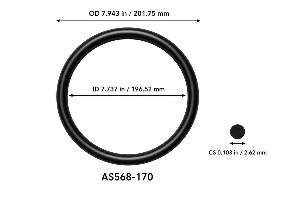 AS568-170 smooth black O-ring with ID, OD and separate cross-section dimensions